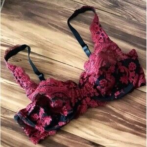Lunaire Sevilla Bra Balconette Size 34D Semi Sheer Red Black Embroidered Floral
